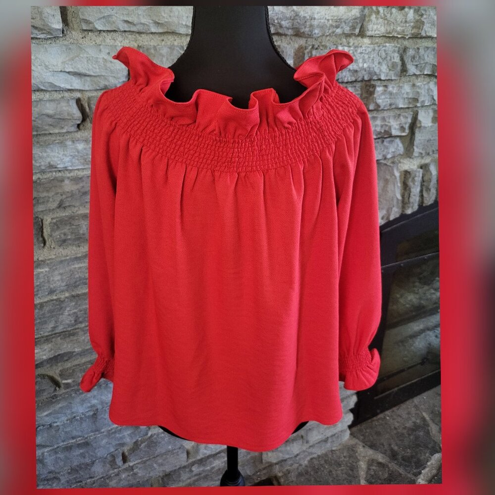 Tuckernuck Marguerite Off The Shoulder Blouse Red Smocked Ruffled Romantic Small